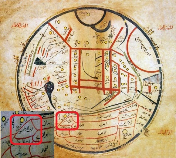 سند شماره دو : تصویری از نقشه جهان ترسیم شده توسط محمود بن حسین بن محمد کاشغری نویسنده نخستین فرهنگ ترکی، دیوان لغات الترک که در قرن پنجم هجری ( قرن یازدهم میلادی ) می زیسته است . نام آذربایجان در تصویر با کادر قرمز رنگ مشخص شده است .( 2 )