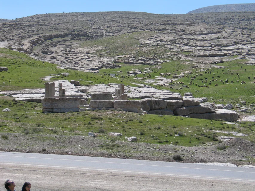 نمایی از شهر استخر ستونهای سنگی هخامنشی در کنار دیوار کاه گلی مورد استفاده عشایر 