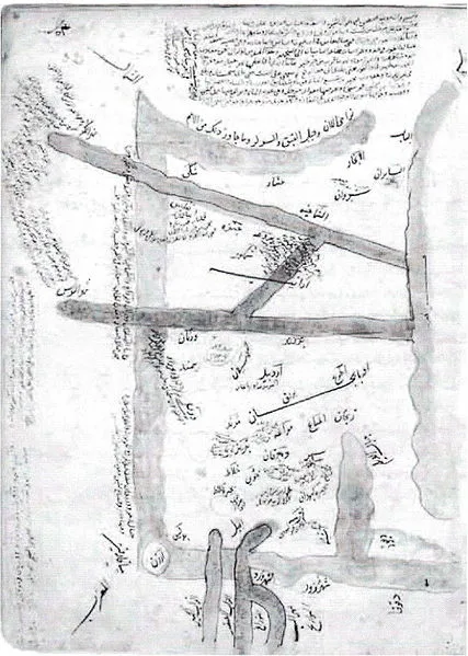 نقشه آذربایجان و آران و ارمنستان. آران در شمال رود ارس و جنوب رود کورا قرار دارد. ابن حوقل