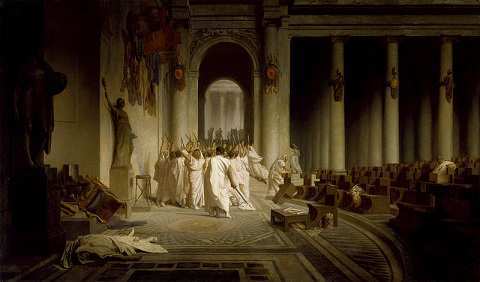 مرگ سزار اثر ژان لئون ژروم که صحنهٔ پس از قتل سزار را به تصویر کشیده‌است و در آن سناتورها پس از به قتل رساندن سزار با شادی و شعف جسد وی را ترک می‌کنند.