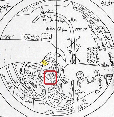 Documento numero uno : Un'immagine della mappa del mondo disegnata da Muhammad bin Ali bin Hawqal noto come Ibn Hawqal, un geografo nel IV secolo d.C. ( 10° secolo ) Nel libro "Masalak wa Al-Mamalek" o "Surah al-Arz", il nome dell'Azerbaigian è segnato al centro dell'immagine con una cornice rossa. .( 1 )