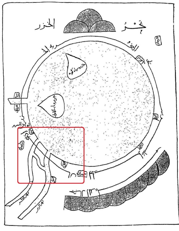 Document numéro trois : Une image des limites de la mer Caspienne dessinée par Muhammad bin Ali bin Hawqal connu sous le nom d'Ibn Hawqal, un géographe du 4ème siècle AH ( 10ème siècle ) Dans le livre "Masalak wa Al-Mamalek" ou "Sourate al-Arz", le nom de l'Azerbaïdjan est marqué d'un encadré rouge sur l'image. .( 1 )