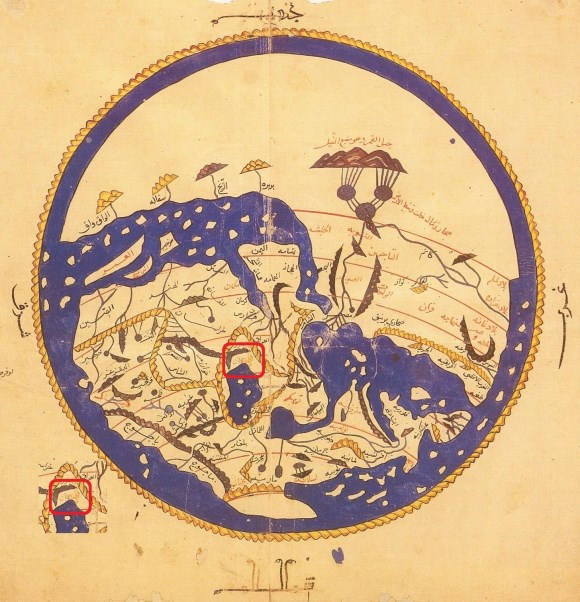 Document numéro cinq : Une image de la carte du monde dessinée par Al-Sharif Al-Idrisi, l'un des trois grands géographes arabes du siècle 12 Dans le livre Nazha Al-Mushtaq fi Akhtaraq al-Afaq, le nom de l'Azerbaïdjan est marqué d'un encadré rouge sur l'image.( 3 )