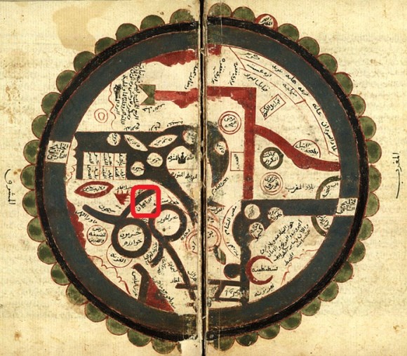 الوثيقة رقم ستة : صورة لخريطة العالم رسمها عمر بن مظفر بن عمر بن الوردي المعروف بابن الوردي جغرافي القرن. 14 م ، تم تمييز اسم أذربيجان بمربع أحمر في الصورة. ( 4 )